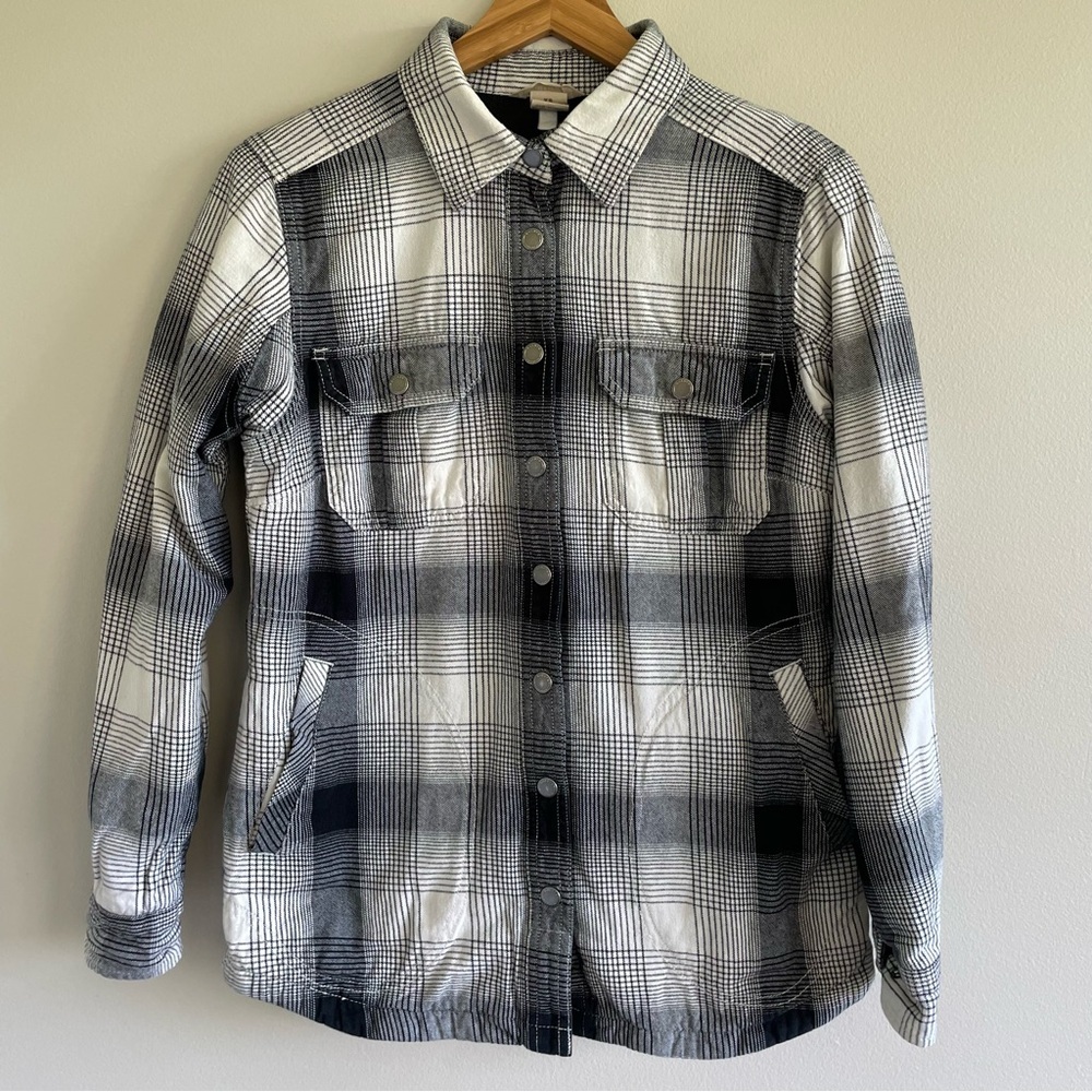 Duluth Trading Co Black and White Plaid Shacket